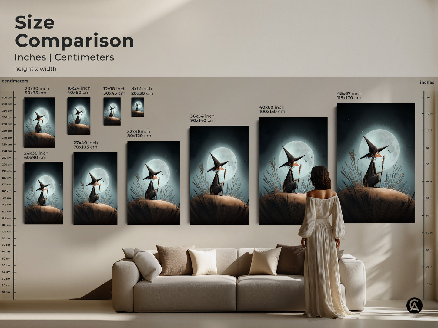 Size comparison featuring a woman standing next to various sizes of the witch art. Ranging from small to extra large it makes a bold statement. A fantasy witch poster for eclectic homes