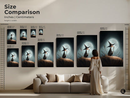 Size comparison featuring a woman standing next to various sizes of the witch art. Ranging from small to extra large it makes a bold statement. A fantasy witch poster for eclectic homes