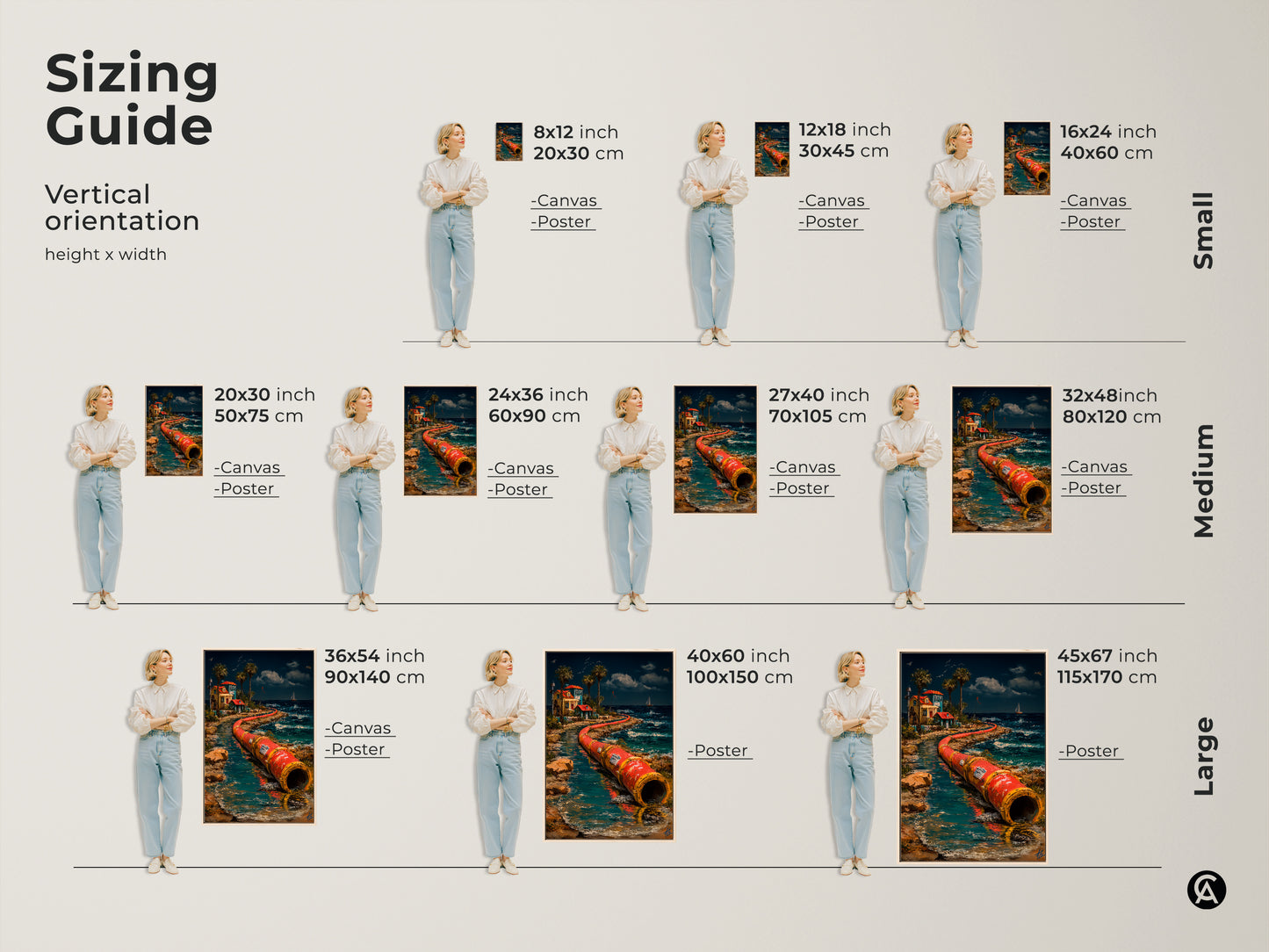 A sizing guide for surreal industrial pipeline canvas artwork and poster prints. Available in small medium and large vertical orientations. Perfect red orange teal artwork for coastal home decor office wall art or a housewarming gift.