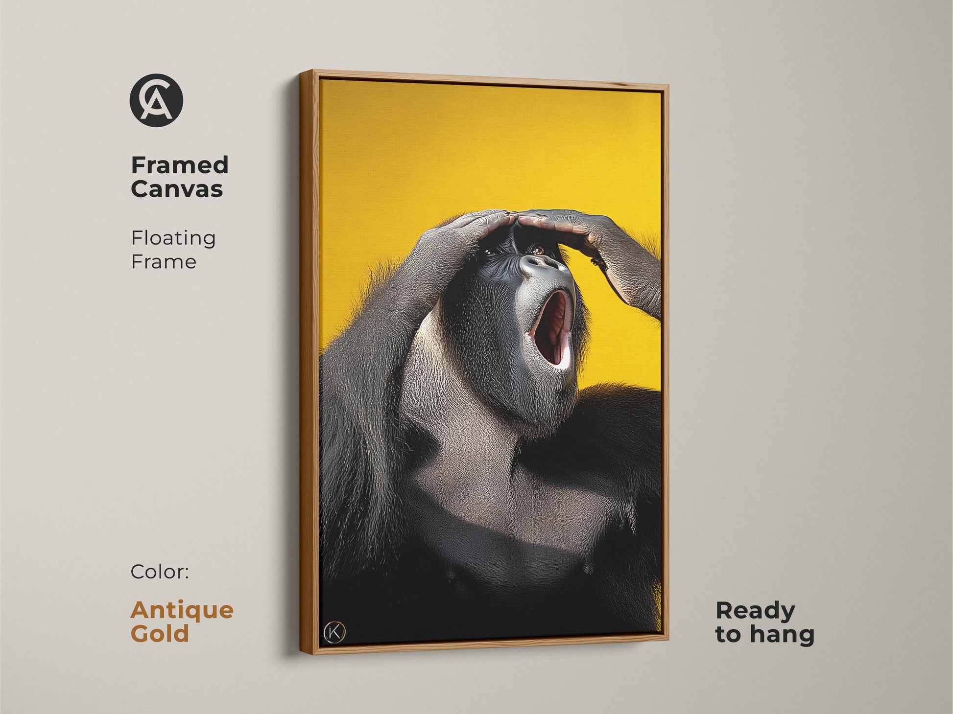 Framed canvas featuring photorealistic gorilla art. The floating frame has an antique gold color. A bold yellow backdrop highlights the primate portrait. Unique office wall decor.