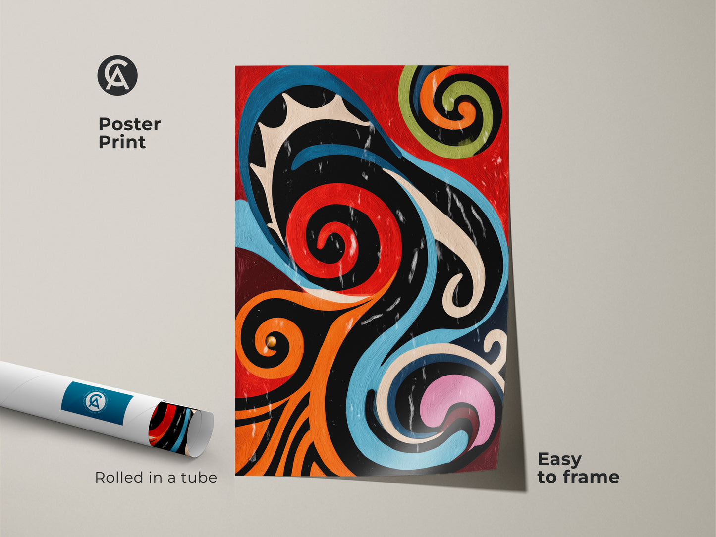 A rolled poster print showcases abstract geometric art. The retro swirl artwork has easy to frame options. The print features red orange and blue tones in a mid-century modern style. Perfect as office wall art or a gift for art enthusiasts adding color to any space.