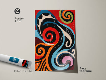 A rolled poster print showcases abstract geometric art. The retro swirl artwork has easy to frame options. The print features red orange and blue tones in a mid-century modern style. Perfect as office wall art or a gift for art enthusiasts adding color to any space.