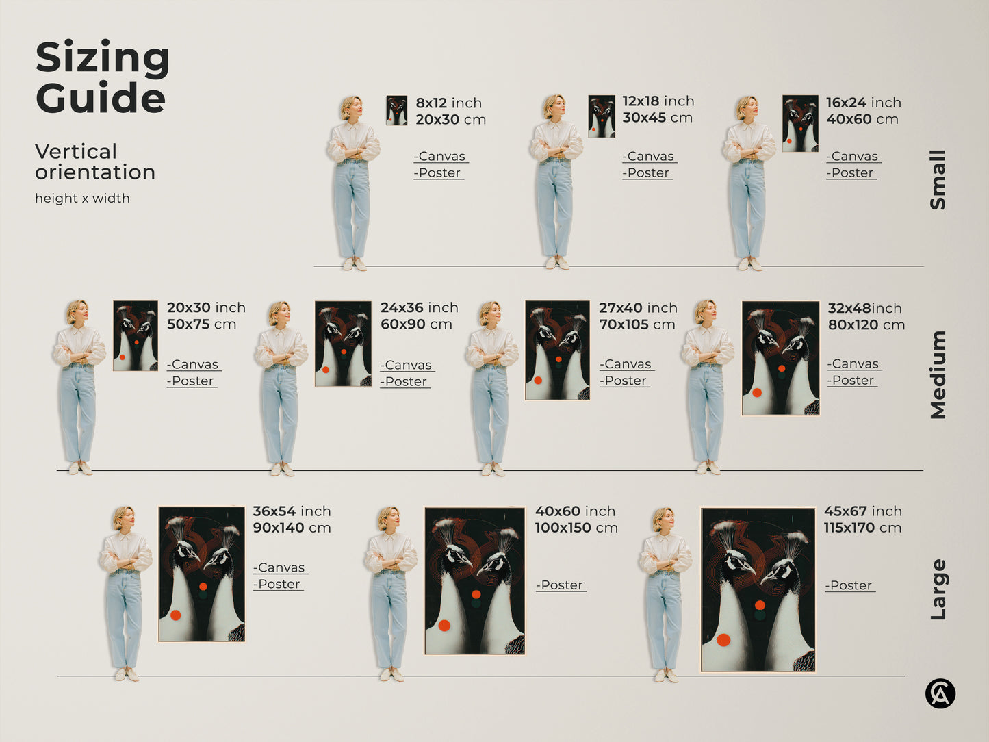 Sizing guide for the Geometric Peacock Couple artwork. See how different sizes fit various spaces. Available as canvas or poster for a perfect art decor for your bedroom home office or living room.