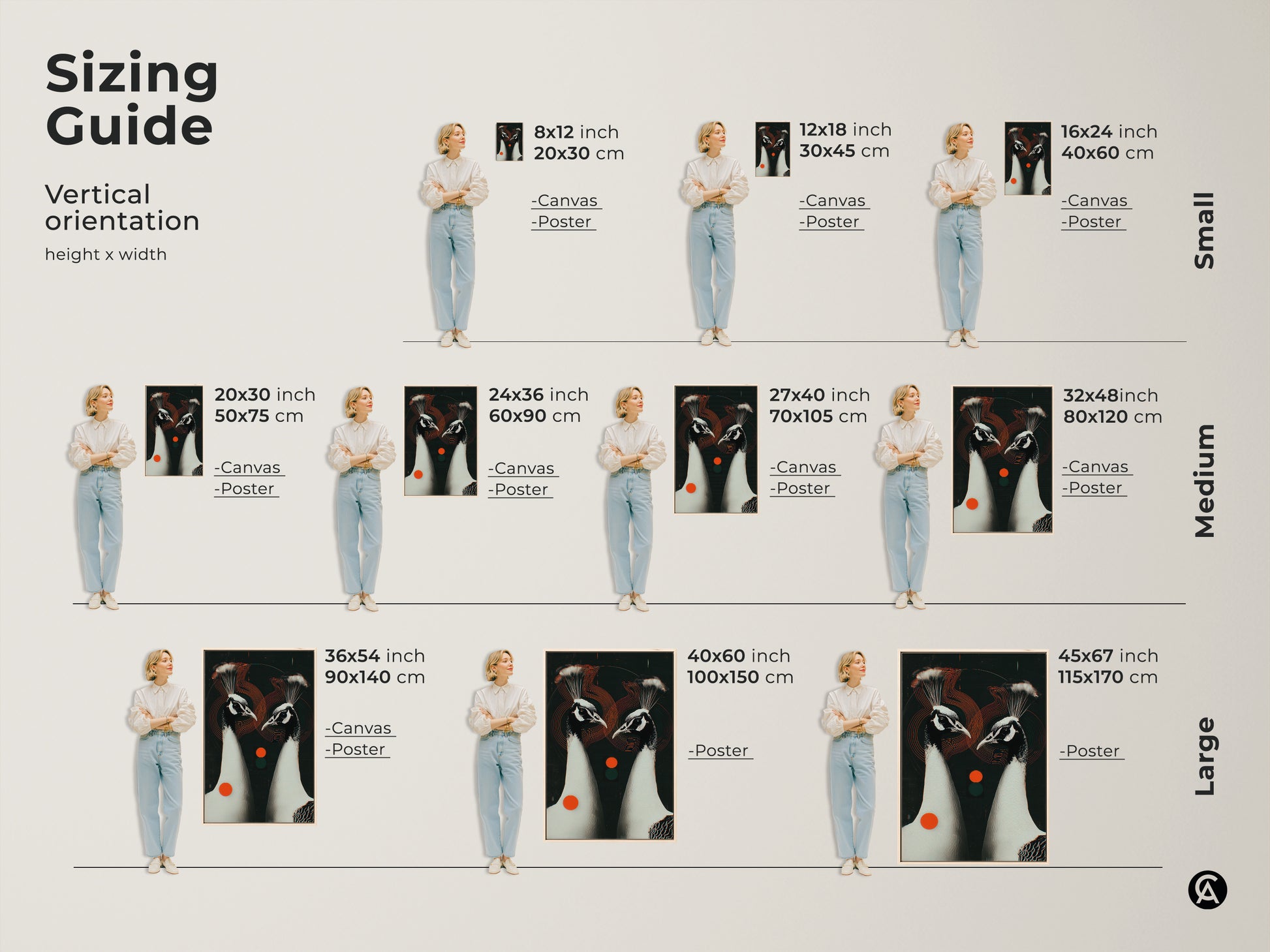 Sizing guide for the Geometric Peacock Couple artwork. See how different sizes fit various spaces. Available as canvas or poster for a perfect art decor for your bedroom home office or living room.