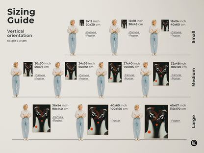 Sizing guide for the Geometric Peacock Couple artwork. See how different sizes fit various spaces. Available as canvas or poster for a perfect art decor for your bedroom home office or living room.