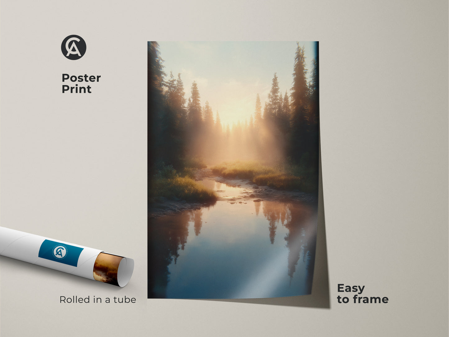This poster print shows golden light over a river in a pine forest. Easy to frame this museum-quality paper brings nature indoors. It's perfect Scandinavian landscape art for a cozy cabin or housewarming gift.