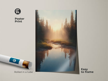 This poster print shows golden light over a river in a pine forest. Easy to frame this museum-quality paper brings nature indoors. It's perfect Scandinavian landscape art for a cozy cabin or housewarming gift.