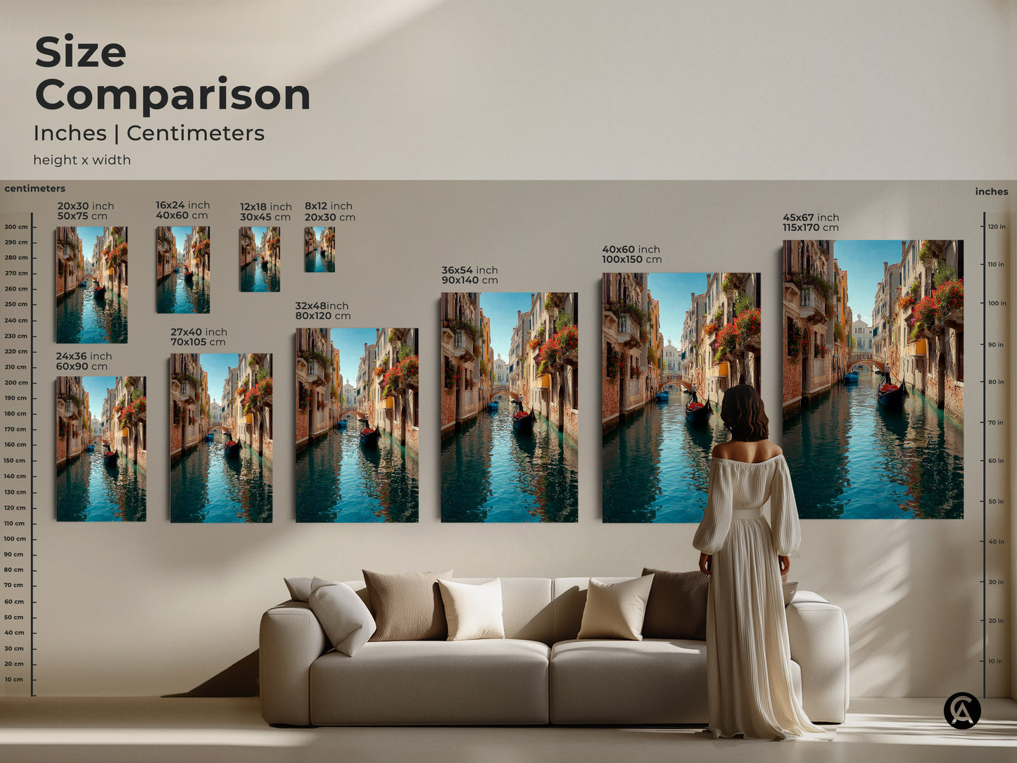 Size comparison of Venice canal artwork in inches and centimeters. Visualize how the art will look in different sizes. Consider the gondola boat and cityscape elements. Artwork with blue aqua and teal.