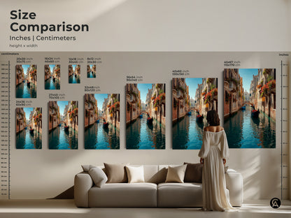 Size comparison of Venice canal artwork in inches and centimeters. Visualize how the art will look in different sizes. Consider the gondola boat and cityscape elements. Artwork with blue aqua and teal.