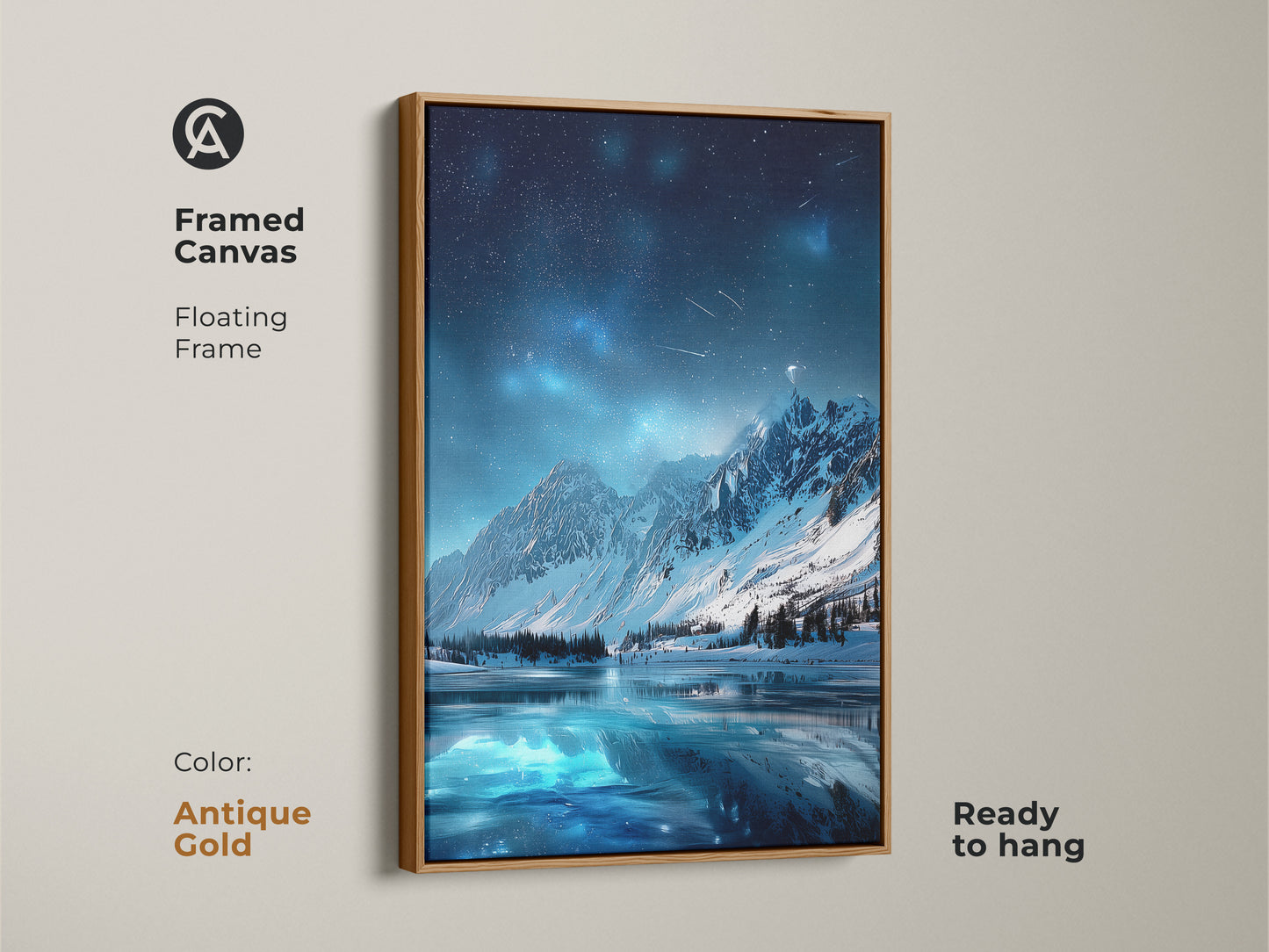 Framed canvas art of Starry Night Sky Over Mountain Lake. The antique gold floating frame is ready to hang. This alpine lake starry sky brings dreamy night sky art. This is a celestial landscape on canvas.