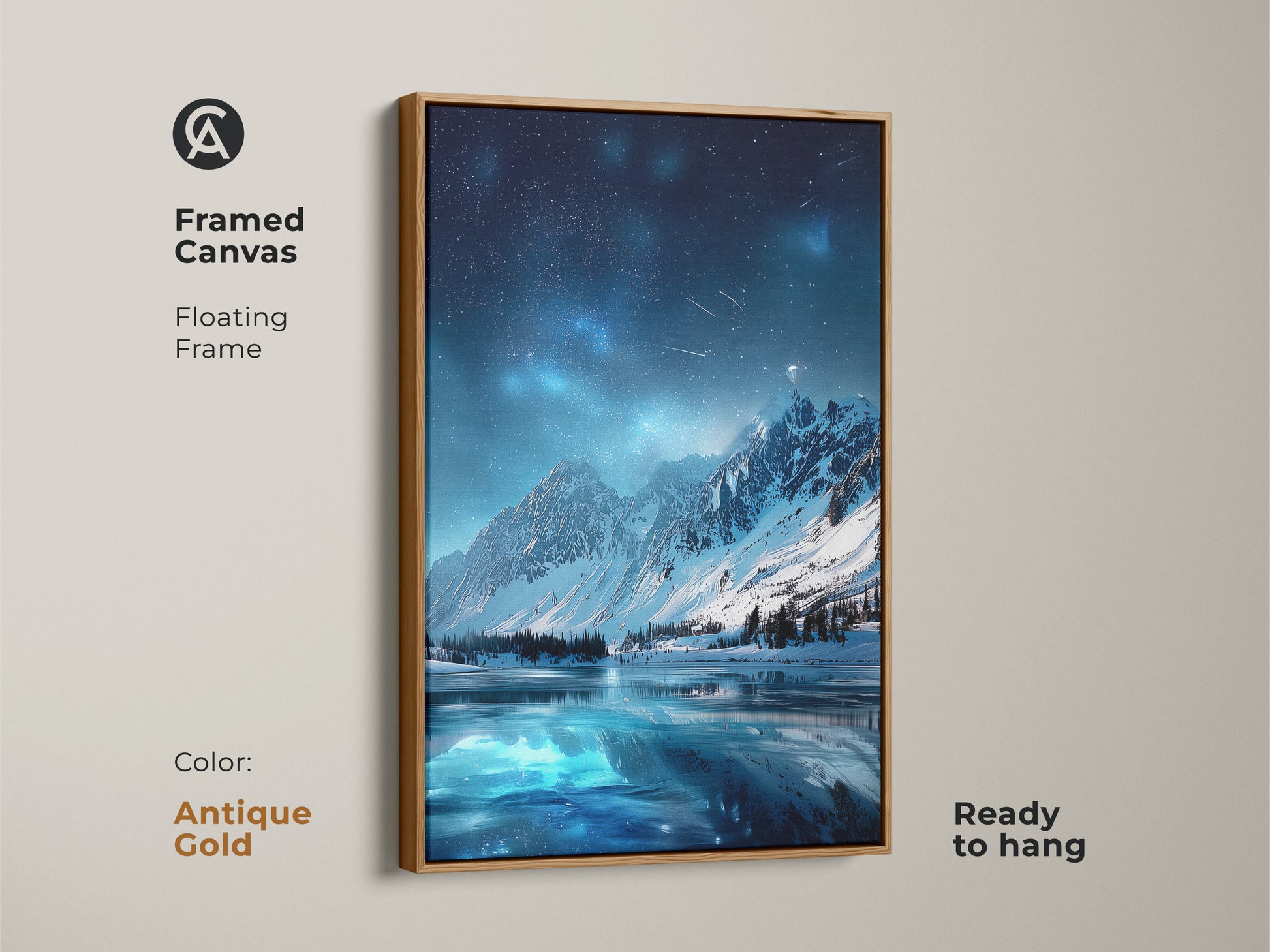 Framed canvas art of Starry Night Sky Over Mountain Lake. The antique gold floating frame is ready to hang. This alpine lake starry sky brings dreamy night sky art. This is a celestial landscape on canvas.