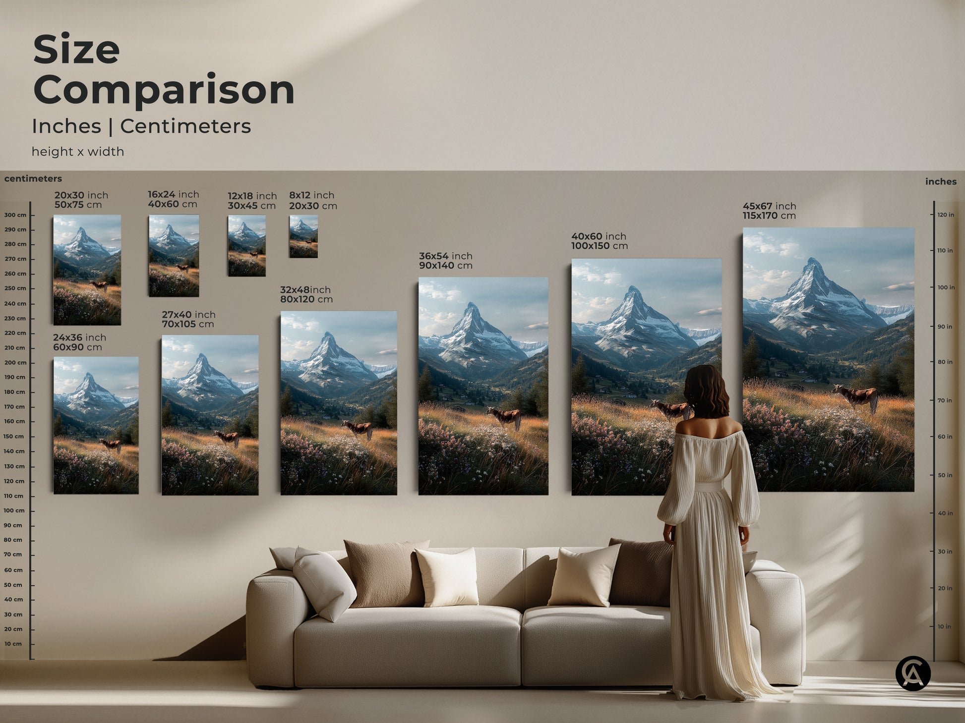 Compare sizes of this stunning Matterhorn artwork. See how different dimensions of canvas and poster prints transform your space. Visualize the impact with our size comparison guide. Choose the perfect piece to bring alpine beauty to your home decor.