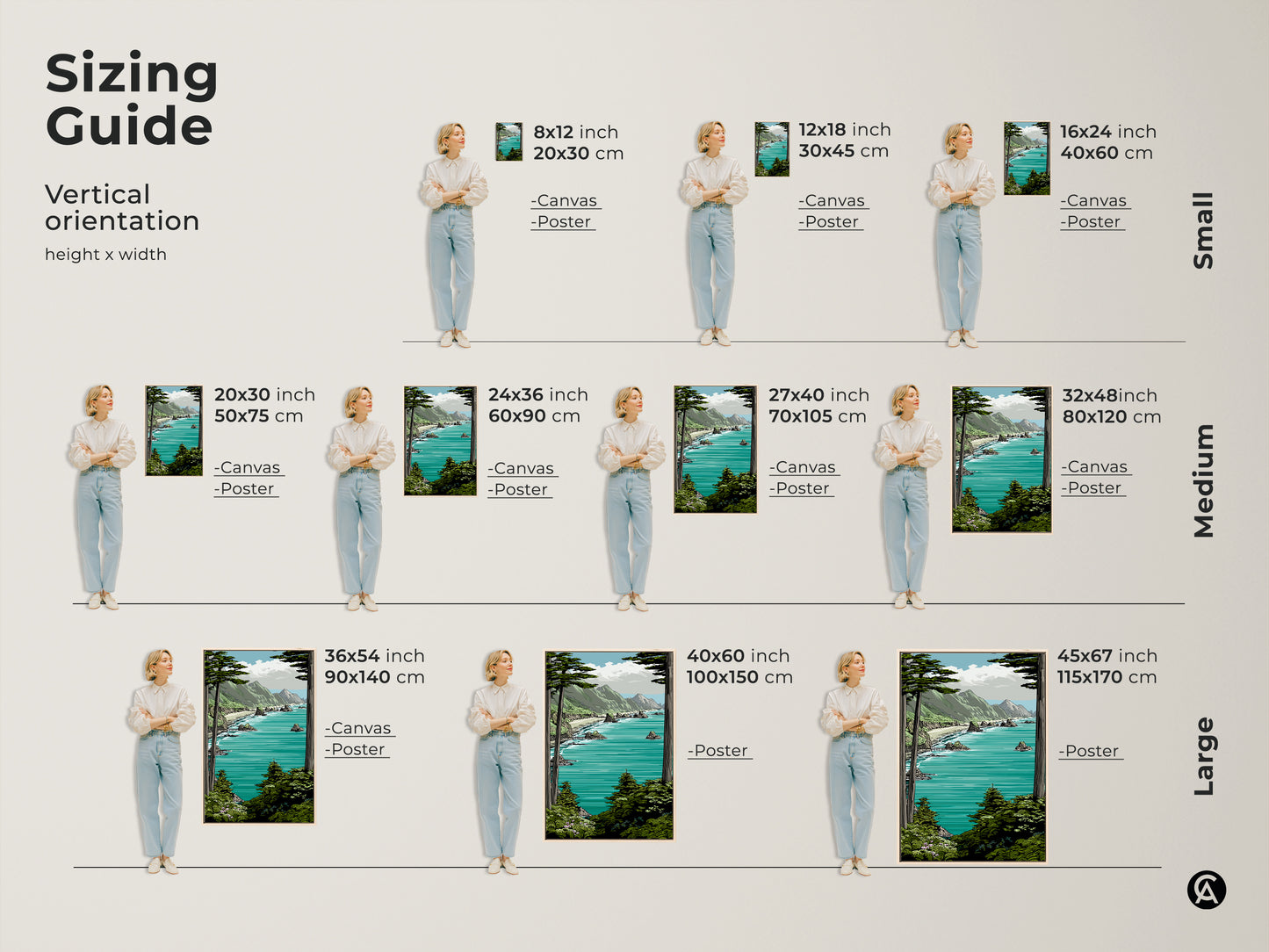 Sizing guide showcasing a teal aqua mountain landscape art print. Available in small medium and large vertical orientations for canvas and poster prints. Perfect for any coastal home decor art.