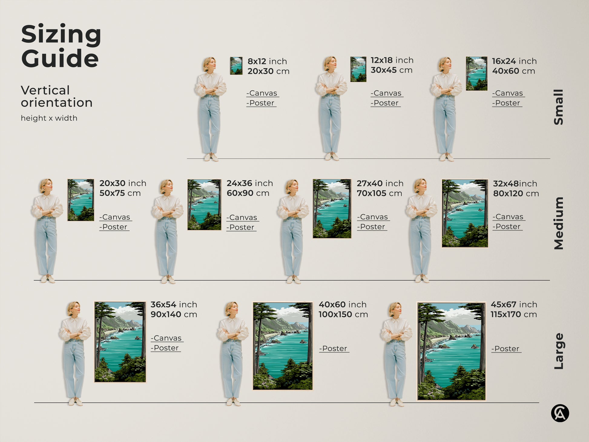 Sizing guide showcasing a teal aqua mountain landscape art print. Available in small medium and large vertical orientations for canvas and poster prints. Perfect for any coastal home decor art.