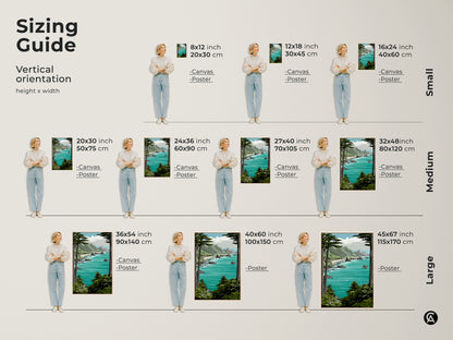 Sizing guide showcasing a teal aqua mountain landscape art print. Available in small medium and large vertical orientations for canvas and poster prints. Perfect for any coastal home decor art.