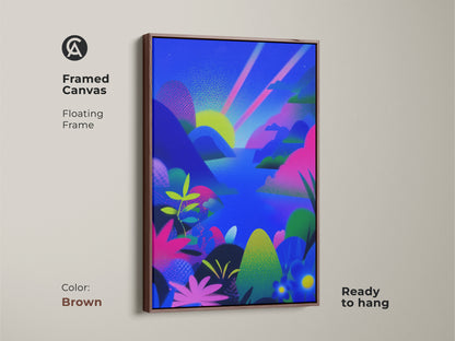 Framed canvas with a brown floating frame. Fantasy abstract landscape art print with a blue green and pink mountain sunset. This canvas wall art is ready to hang in any bedroom or living room. Eclectic home artwork. A unique gift for art and nature enthusiasts.