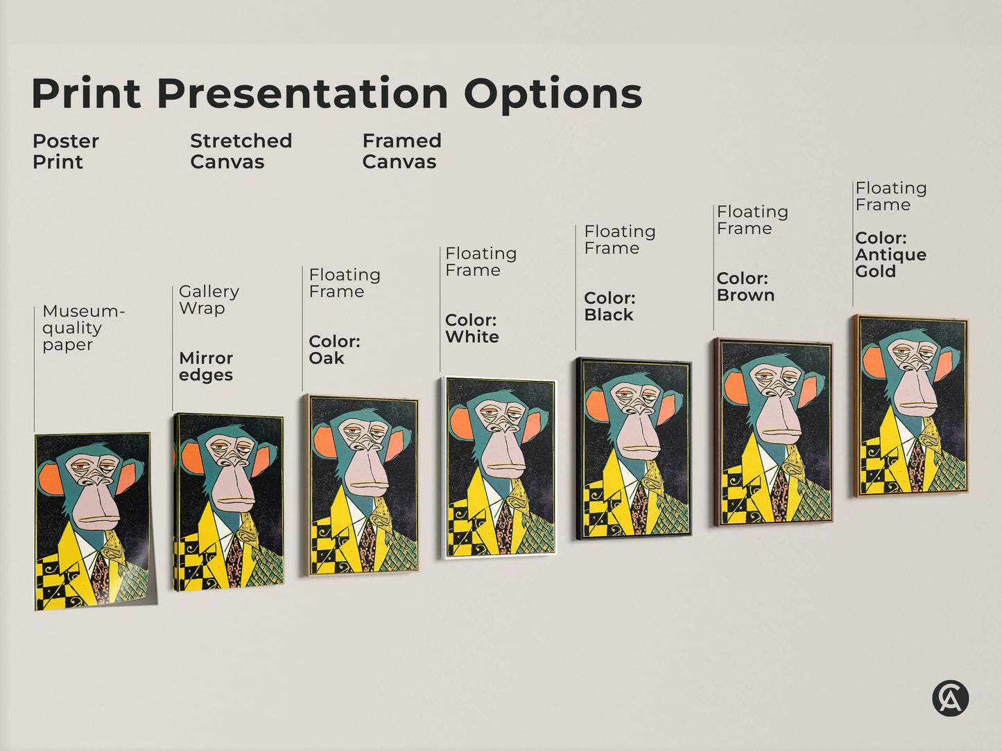 Explore our print presentation options. Choose from poster prints stretched canvas and framed canvas. Each option features the unique ape in a suit artwork. Find the perfect style to complement your space. Shop now