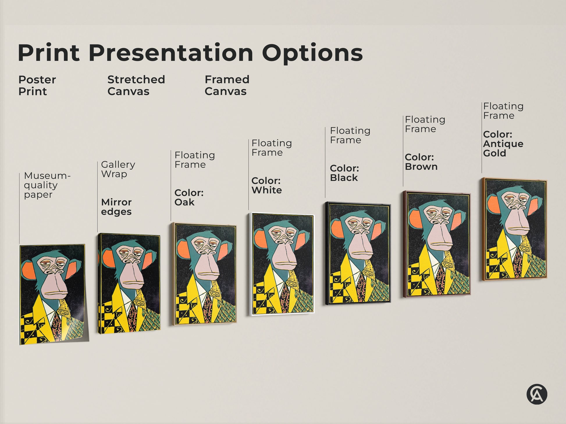 Explore our print presentation options. Choose from poster prints stretched canvas and framed canvas. Each option features the unique ape in a suit artwork. Find the perfect style to complement your space. Shop now