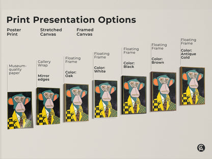 Explore our print presentation options. Choose from poster prints stretched canvas and framed canvas. Each option features the unique ape in a suit artwork. Find the perfect style to complement your space. Shop now