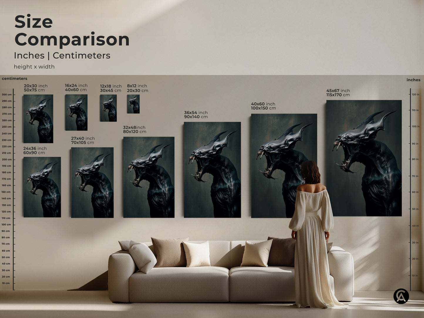 Size comparison of monster artwork in inches and centimeters. Various sizes are displayed next to a woman and a couch. Find the perfect size for your space. Height x width.