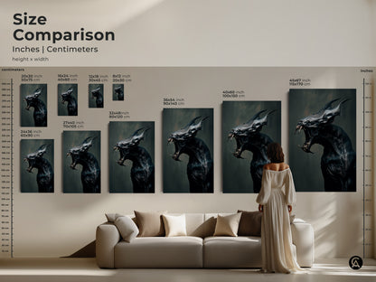 Size comparison of monster artwork in inches and centimeters. Various sizes are displayed next to a woman and a couch. Find the perfect size for your space. Height x width.