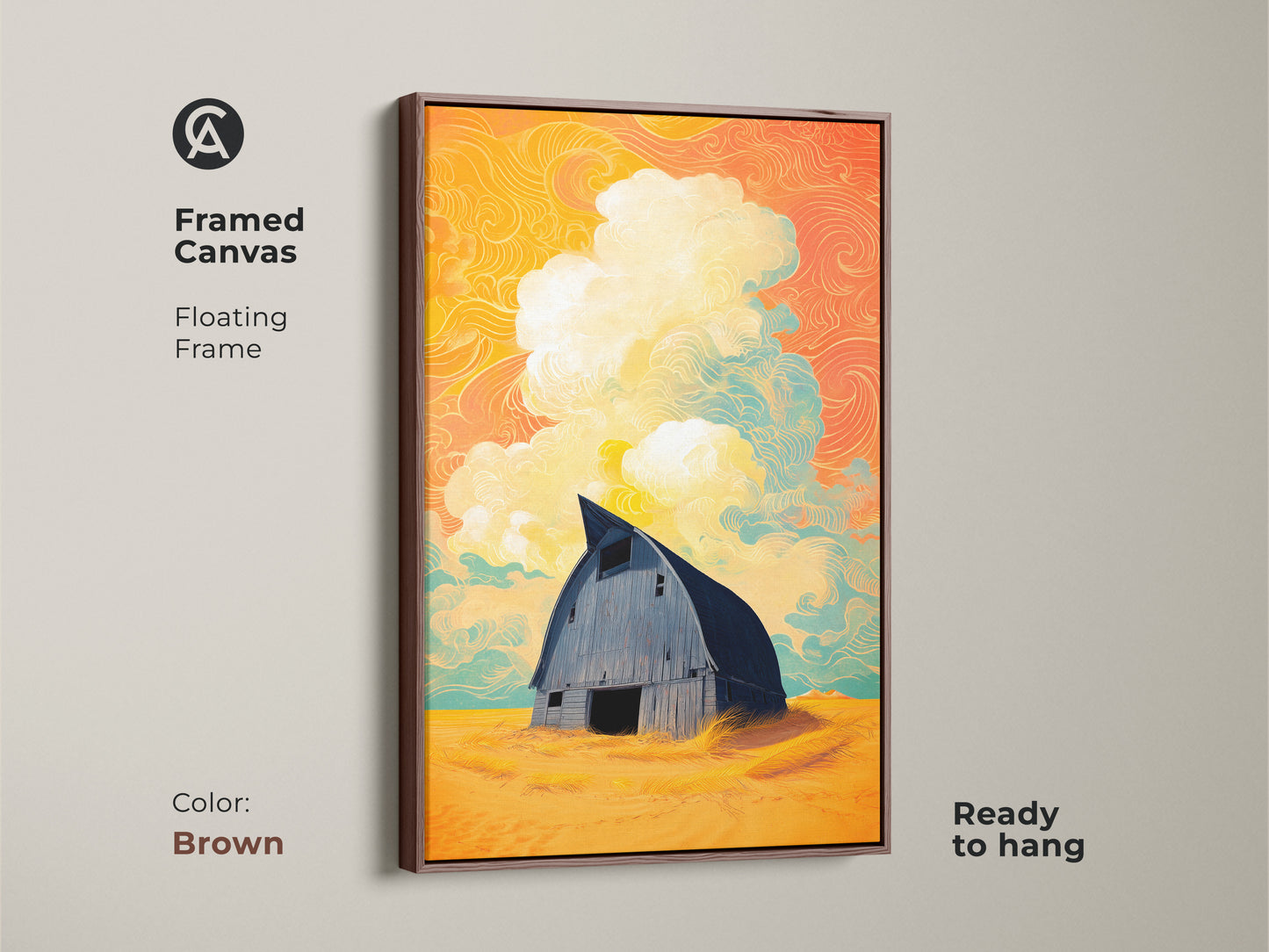 Framed canvas of a surreal barn artwork with a floating brown frame. Ready to hang this stylized landscape print embodies country home decor. The print includes yellow orange teal art. The eclectic farmhouse art piece enriches any space with a unique charm.