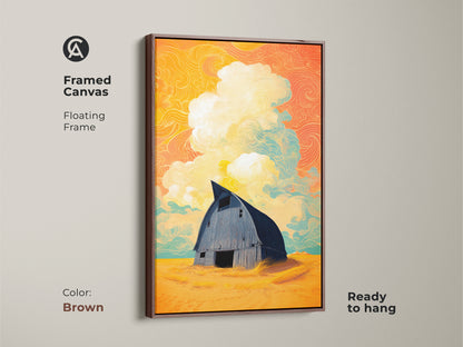 Framed canvas of a surreal barn artwork with a floating brown frame. Ready to hang this stylized landscape print embodies country home decor. The print includes yellow orange teal art. The eclectic farmhouse art piece enriches any space with a unique charm.