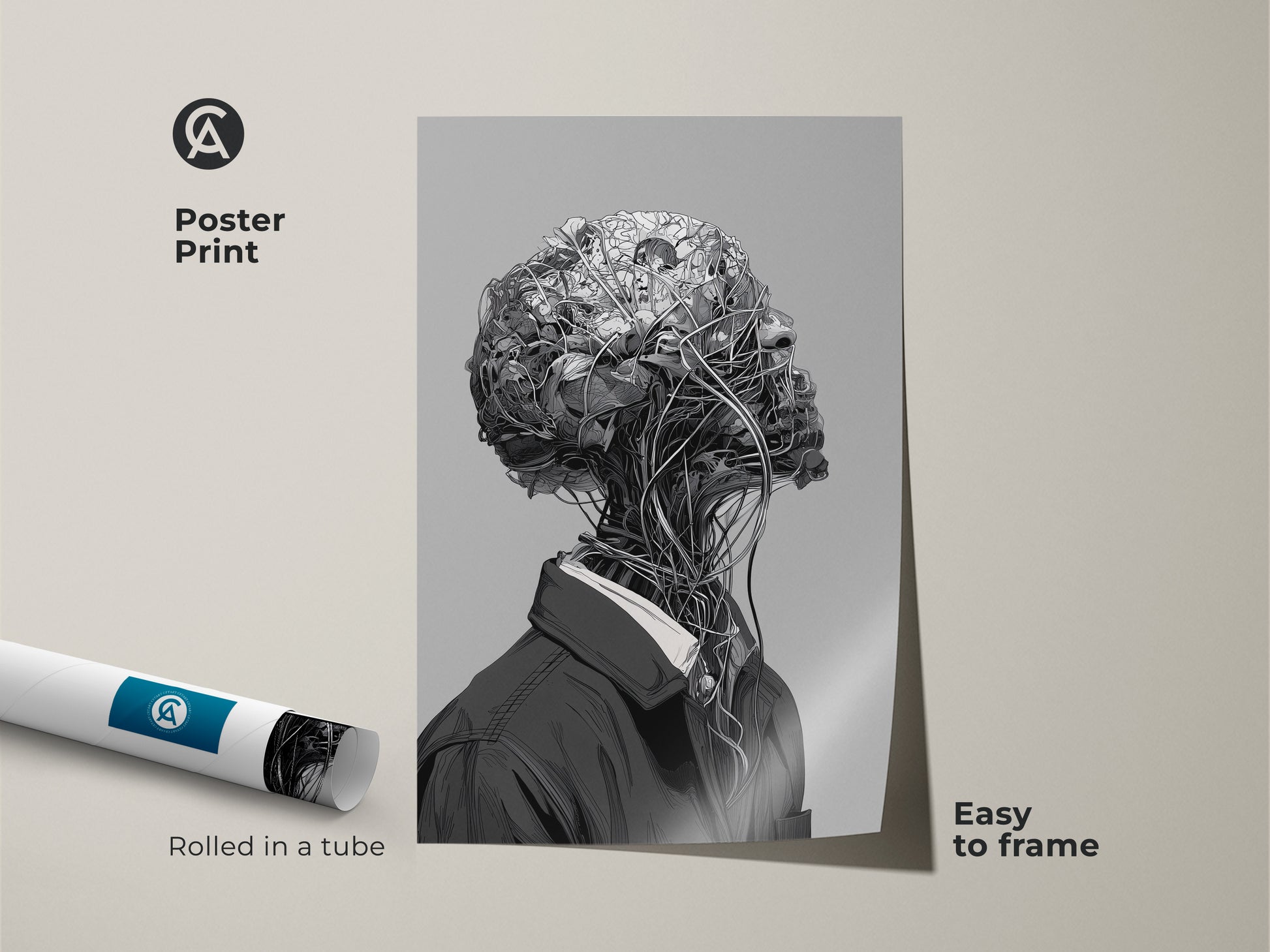 Poster print of surreal botanical head art. The print is rolled in a protective tube. It is easy to frame. The artwork showcases a unique blend of nature and machinery. Perfect for contemporary art enthusiasts.