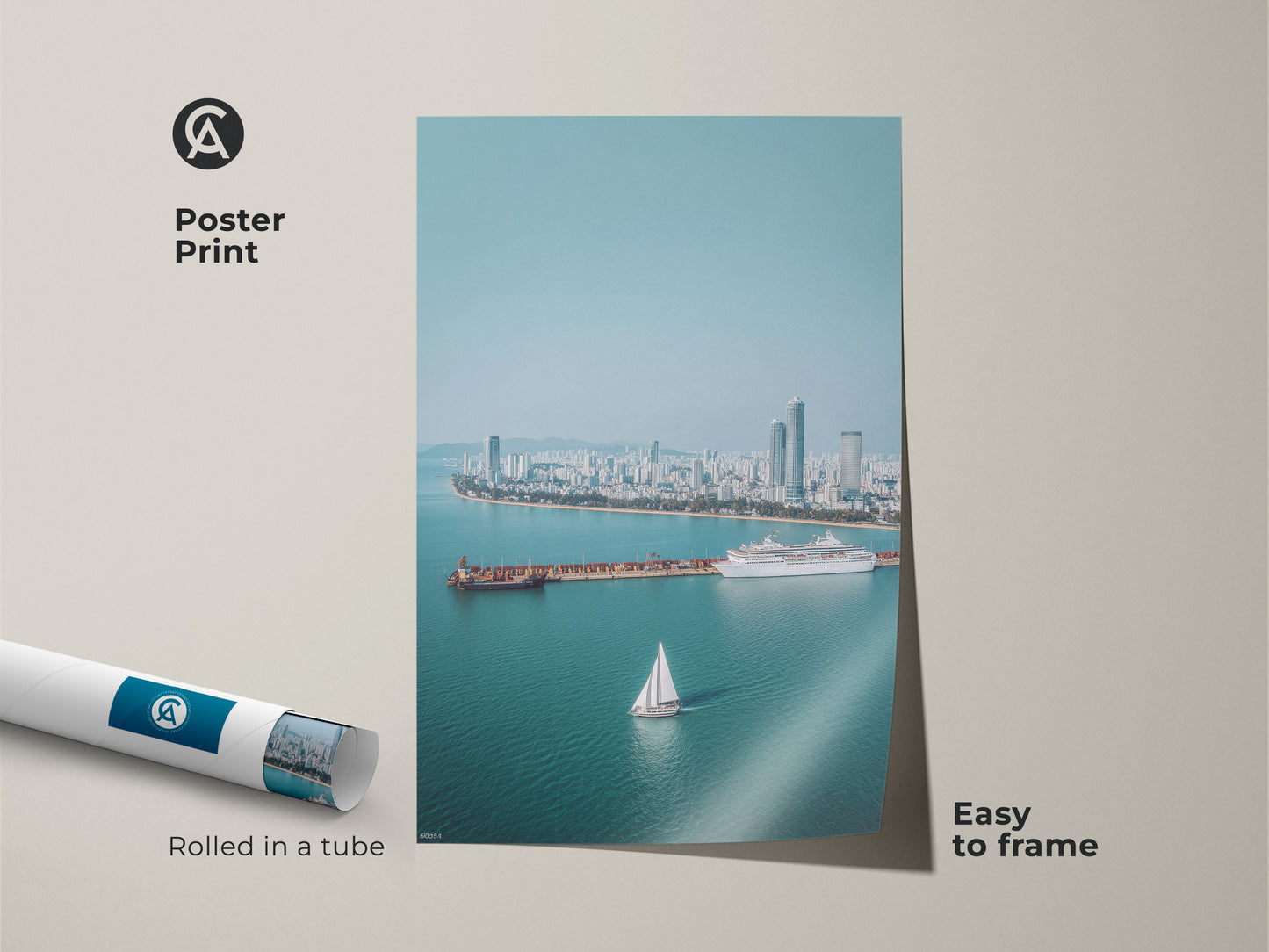 Poster Print of an aerial cityscape with a sailboat and cruise ship. Rolled in a tube. Easy to frame. Features blue teal modern photography perfect for a travel enthusiast gift.