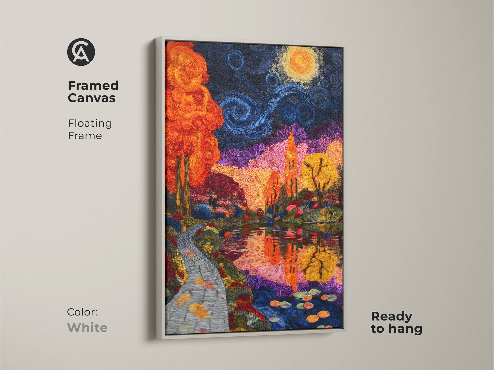 Framed Canvas featuring an Impressionist trees wall art. The white floating frame highlights the orange blue purple landscape. It is a colorful trees canvas art print. This artwork is ideal for adding a unique touch to bedroom wall art.