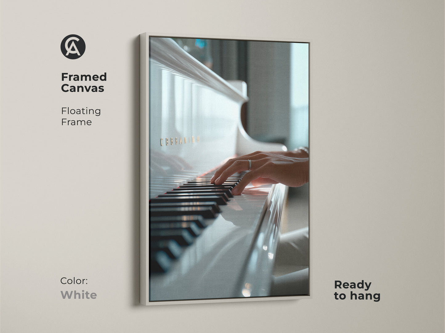 Framed canvas featuring a poised hand on piano keys. The floating frame is white and ready to hang. Elevate your home with this elegant music artwork. This art piece is perfect for music lovers.