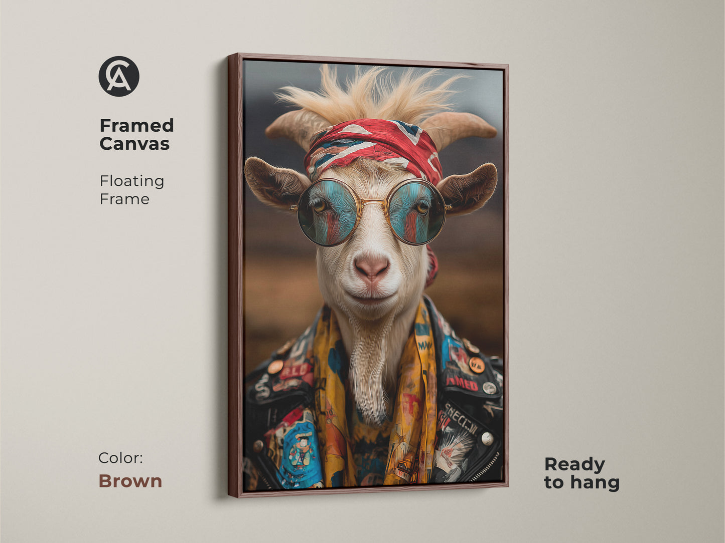 Brown framed canvas art print of a cool goat. The rockstar vibe wall art features a charismatic goat with sunglasses. It is a great housewarming gift or a unique present for animal enthusiasts.