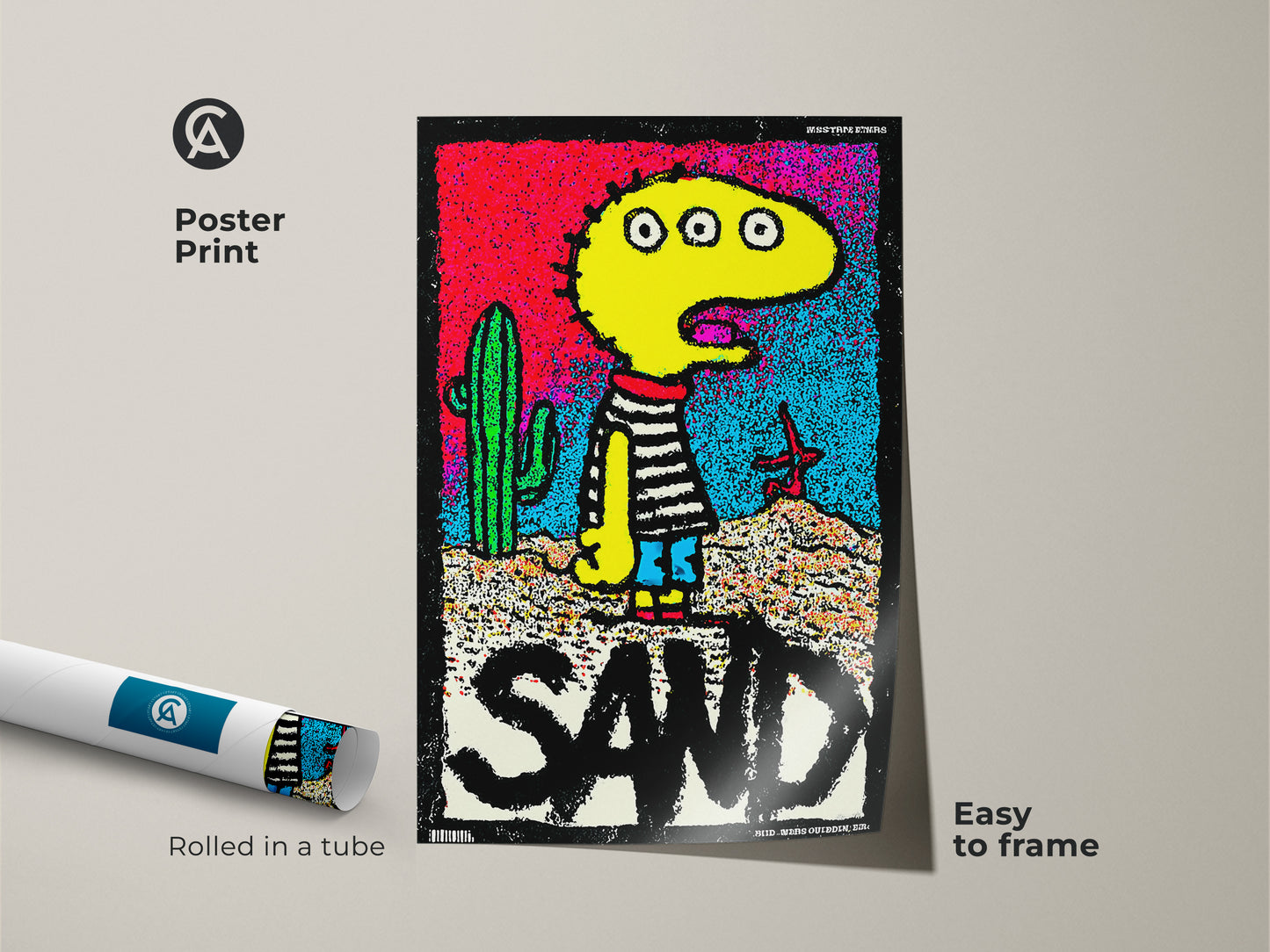 Poster print of a playful art piece featuring a yellow character and a desert scene. The artwork includes the word SAND and is rolled in a tube for easy framing. Great for adding a touch of whimsy to your wall decor. Shop poster art now.
