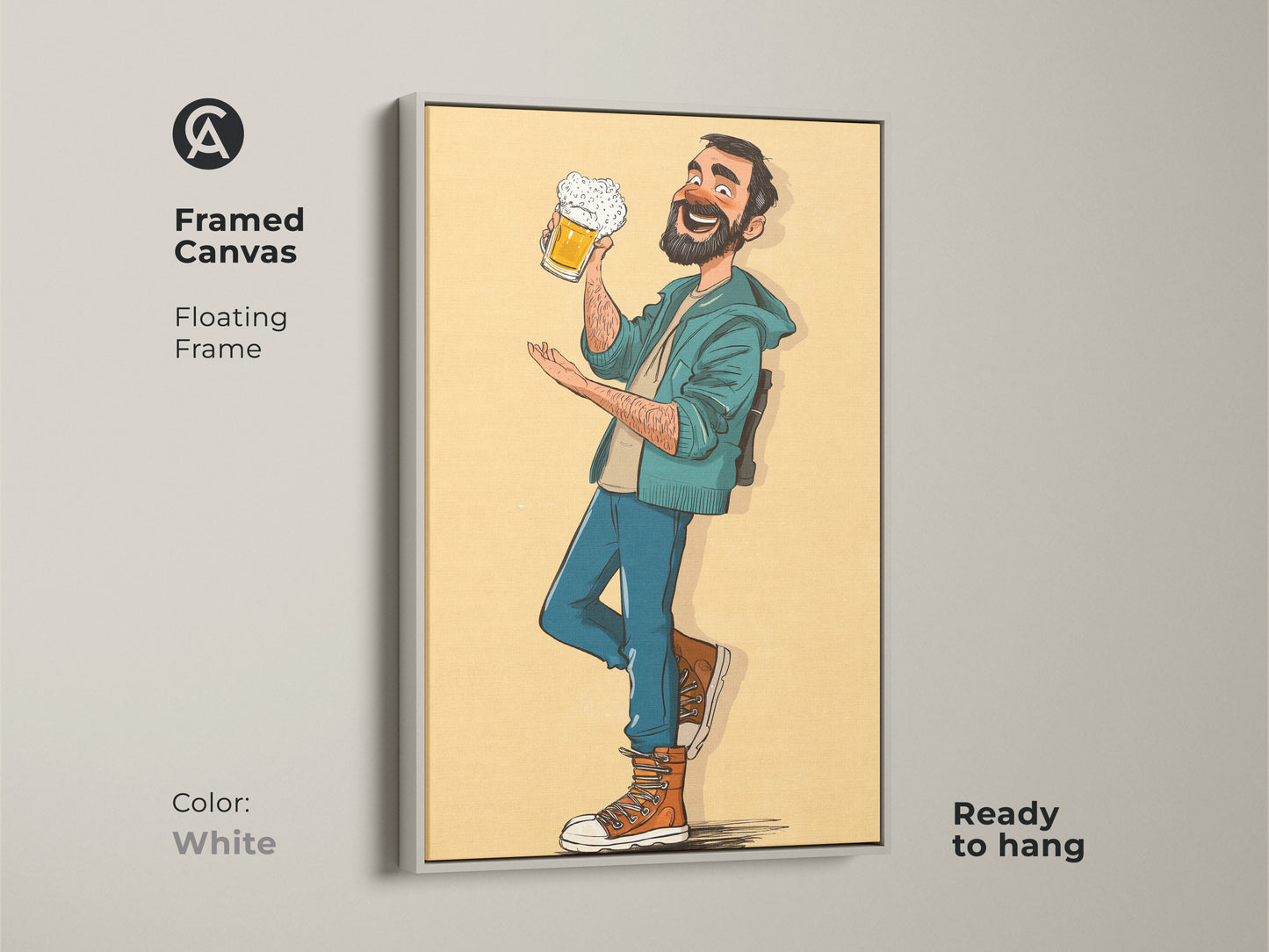 Framed canvas art showcasing a man enjoying his beer. A white floating frame and ready to hang convenience. This artwork is an ideal gift for beer lovers. Its cartoon style adds a touch of humor. It's perfect for a man cave or home bar. The yellow orange teal art will brighten any space.