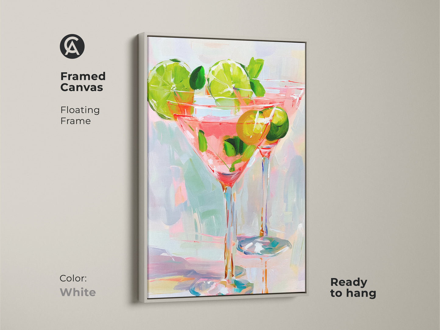 Framed Canvas art. The floating frame is white. It displays two cocktail glasses filled with a pink beverage. Limes and mint garnish the drinks. This ready-to-hang artwork adds a modern touch to your space.