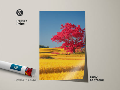 Poster print showcasing a red tree in a yellow rice field under a blue sky. This countryside artwork is easy to frame adding a touch of nature to any space. The scenic landscape poster is rolled in a tube for protection making it a unique nature-inspired decor piece for an eclectic home.