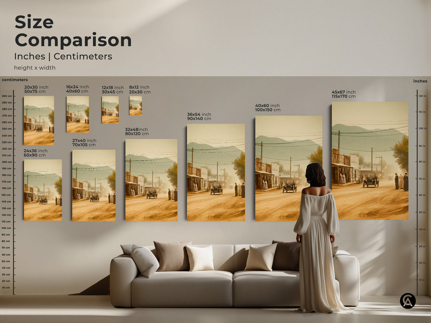 Size comparison of sepia toned western town artwork. See how different sizes of canvas and poster prints fit in a living room setting. Choose from sizes ranging from 8x12 inch to 45x67 inch. Visualize the impact of each size and select the perfect art print for your home decor. Make an informed decision with our size comparison tool.