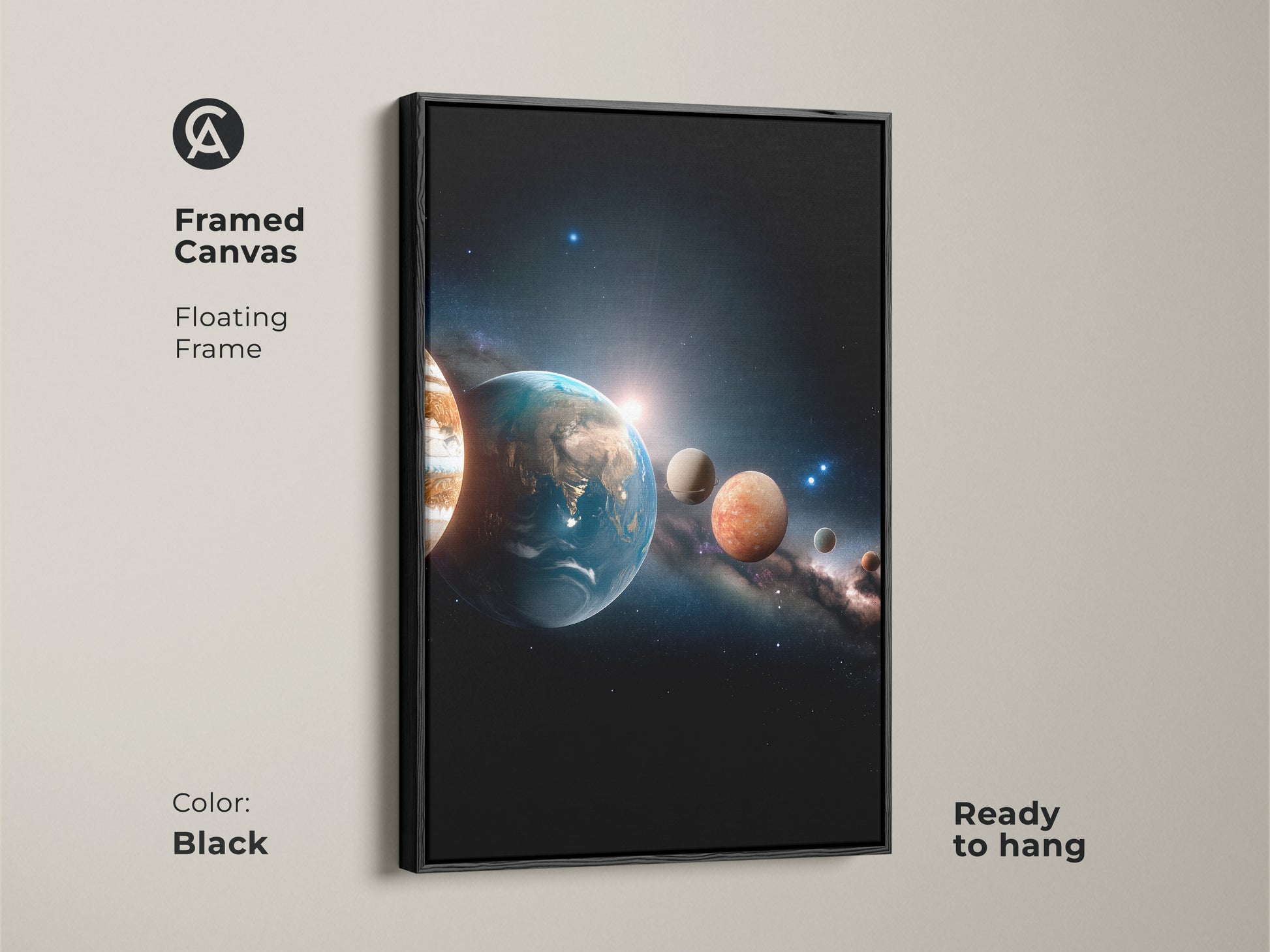 Framed canvas featuring a solar system artwork. The floating frame comes in black. This ready-to-hang piece adds a modern touch with its sleek black frame. Perfect for art lovers and space enthusiasts.