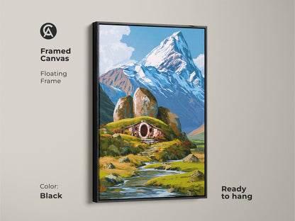 Framed canvas of a charming hobbit hole artwork. This fantasy nature landscape brings blue green white decor to walls. The floating frame complements the stylized snowy mountain art. It's ready to hang.