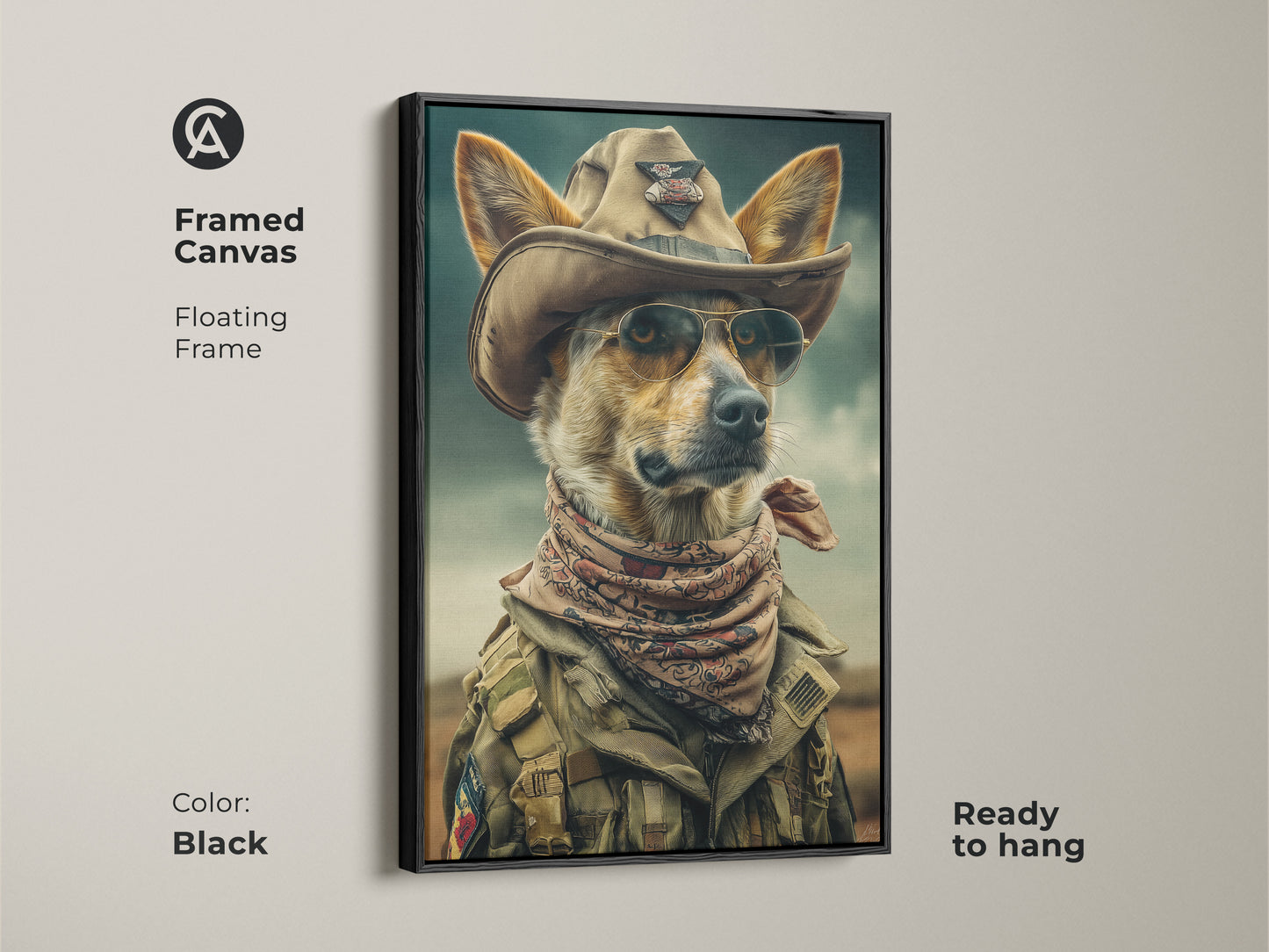 Enhance your decor with this framed canvas of a cowboy dog. The floating frame highlights the khaki teal artwork. Ready to hang this piece will elevate your space. This eclectic animal art is great man cave decor. A unique gift for him dog lover.
