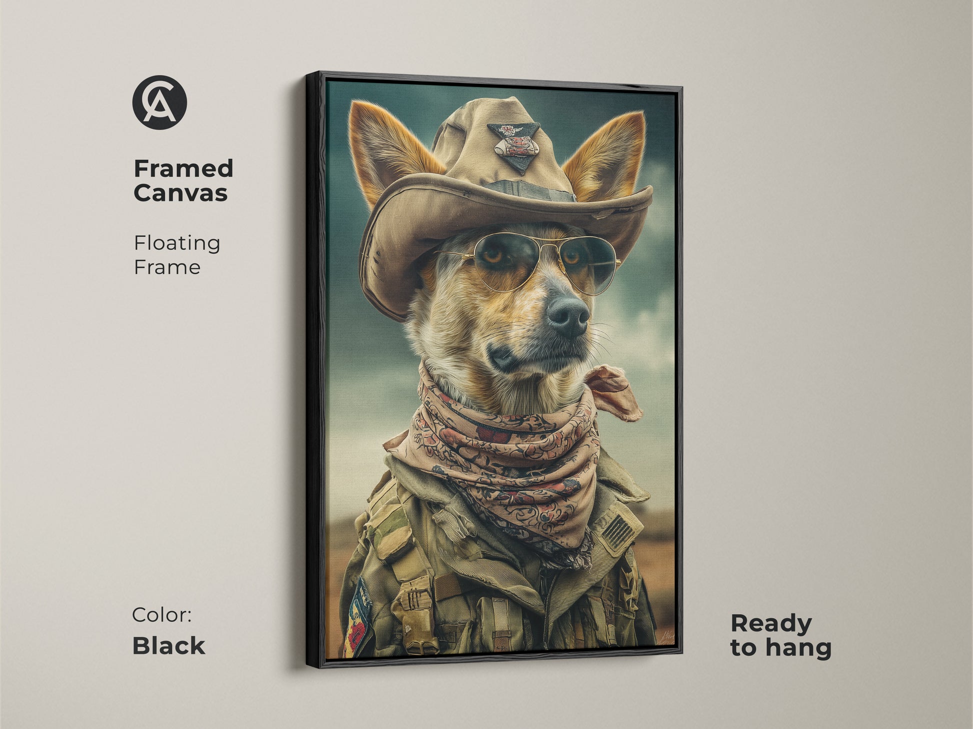 Enhance your decor with this framed canvas of a cowboy dog. The floating frame highlights the khaki teal artwork. Ready to hang this piece will elevate your space. This eclectic animal art is great man cave decor. A unique gift for him dog lover.
