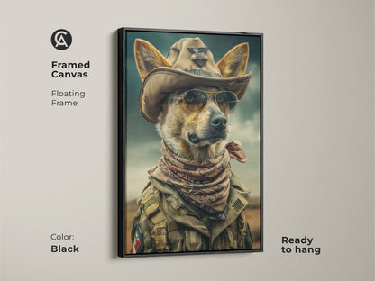 Enhance your decor with this framed canvas of a cowboy dog. The floating frame highlights the khaki teal artwork. Ready to hang this piece will elevate your space. This eclectic animal art is great man cave decor. A unique gift for him dog lover.