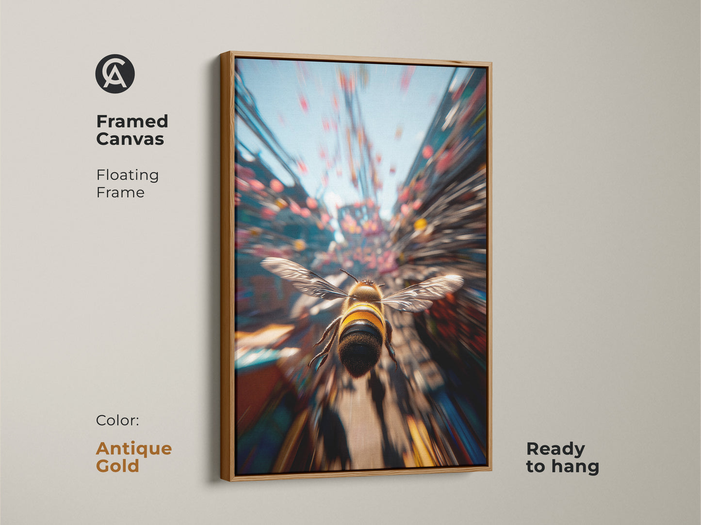Framed canvas art print with an antique gold floating frame. The art features a bee in flight. This artwork is ready to hang. Enhance your home with this modern nature-inspired art.