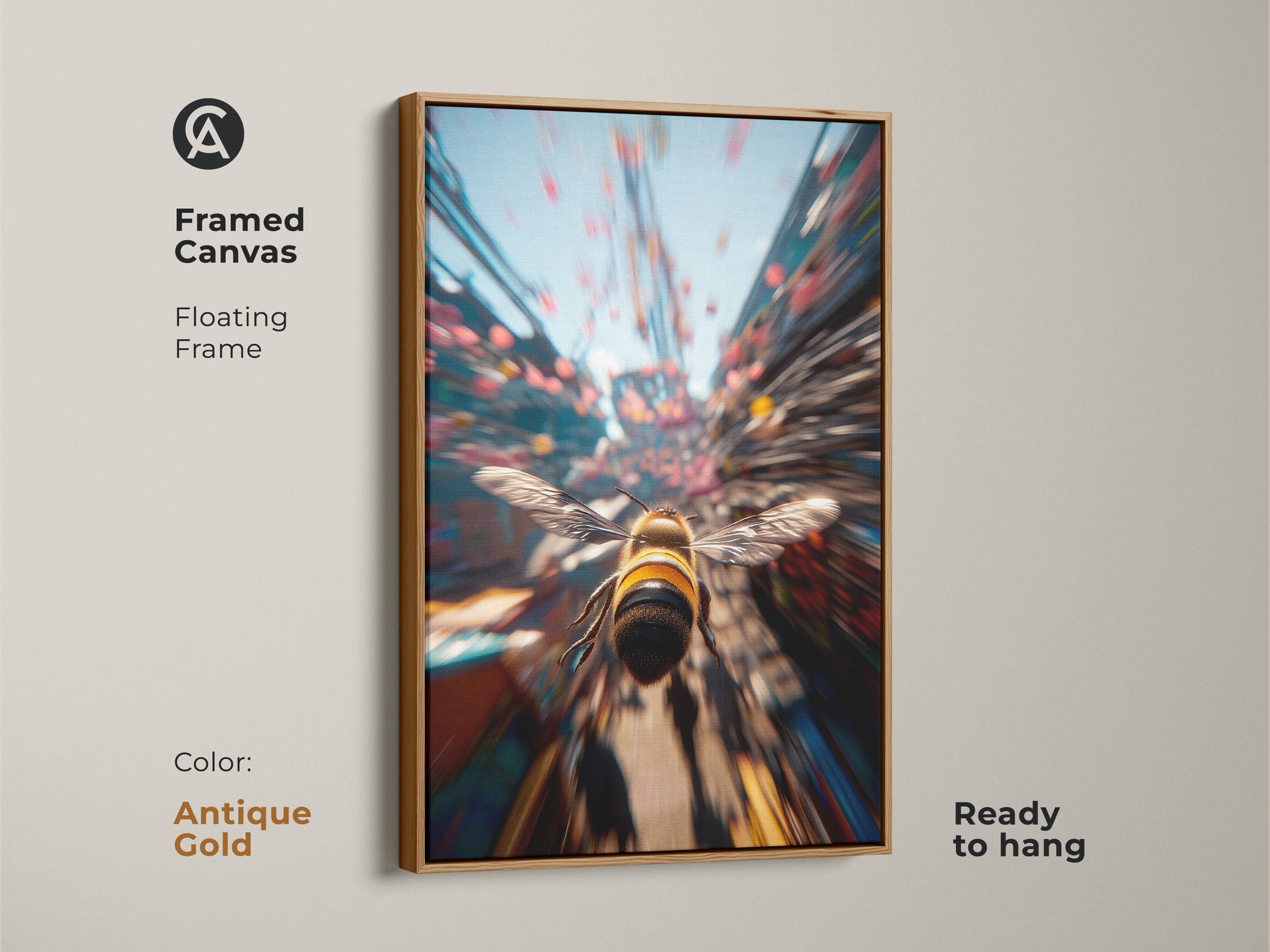 Framed canvas art print with an antique gold floating frame. The art features a bee in flight. This artwork is ready to hang. Enhance your home with this modern nature-inspired art.