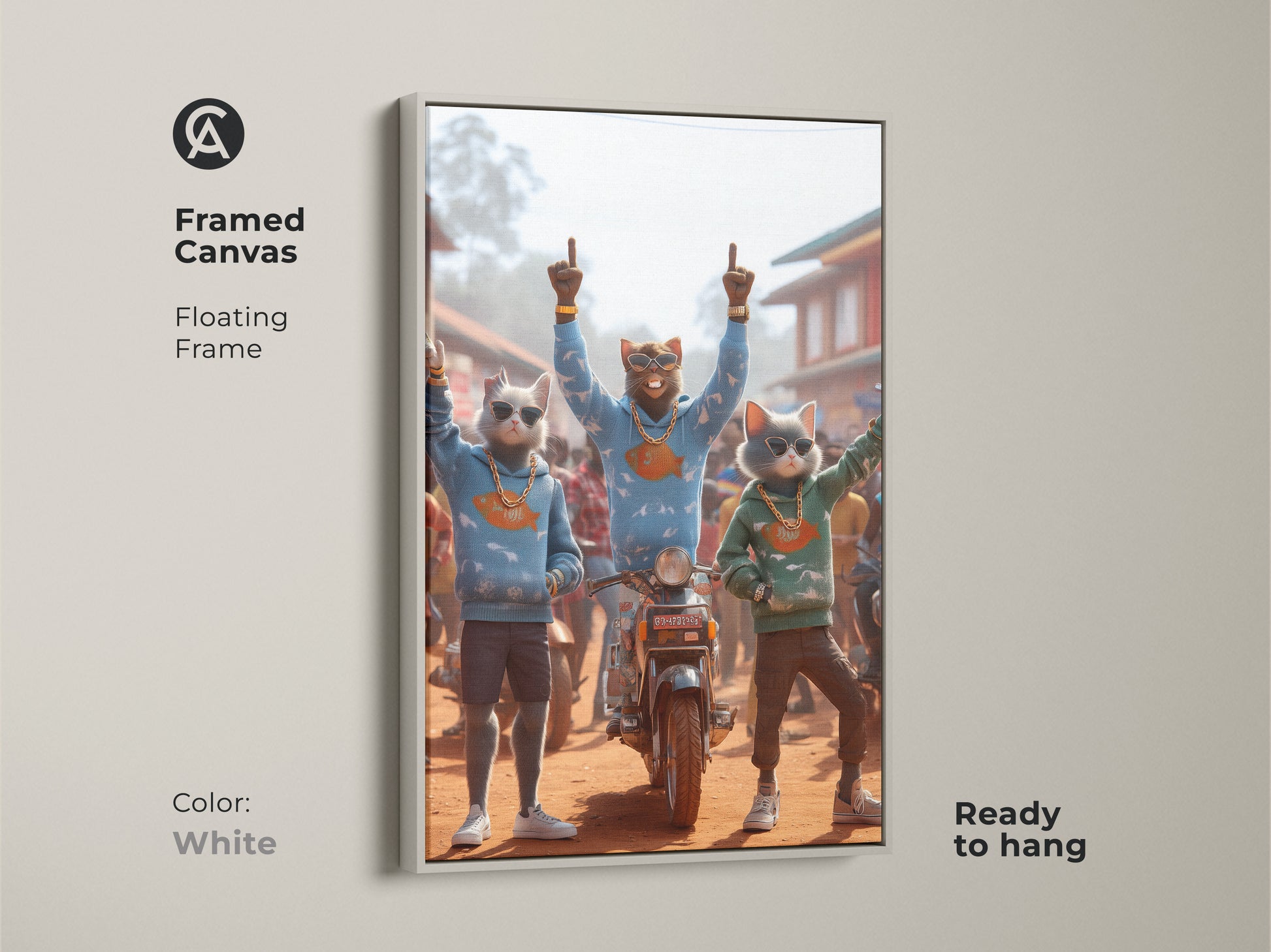 Framed canvas artwork in a floating frame. Three cat characters are styled in hoodies and gold chains. The white frame offers a clean modern look. The artwork is ready to hang. Add a whimsical touch to your home.
