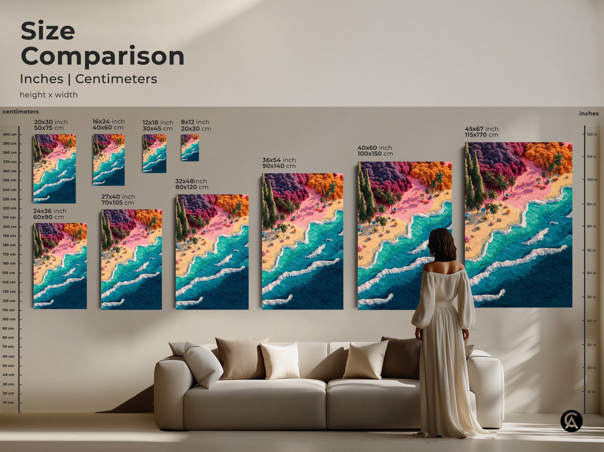 Size comparison of beach artwork in a living room. Visualize the artwork above a sofa. Sizes range from 20x30 inches to 45x67 inches. The artwork is available as a canvas or poster. See how it fits your decor.
