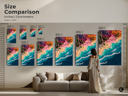 Size comparison of beach artwork in a living room. Visualize the artwork above a sofa. Sizes range from 20x30 inches to 45x67 inches. The artwork is available as a canvas or poster. See how it fits your decor.