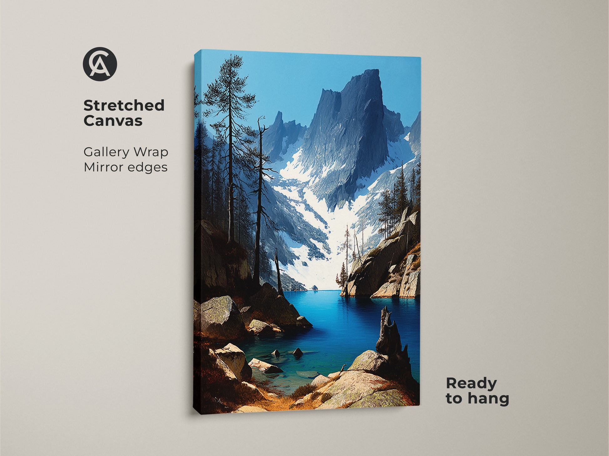 Stretched canvas gallery wrap featuring a realistic mountain lake artwork. The deep blue and earthy tones enhance the pine forest landscape. This ready-to-hang nature print captures a scenic view perfect for any room adding an outdoor adventure feel. A stunning piece of art for your home.