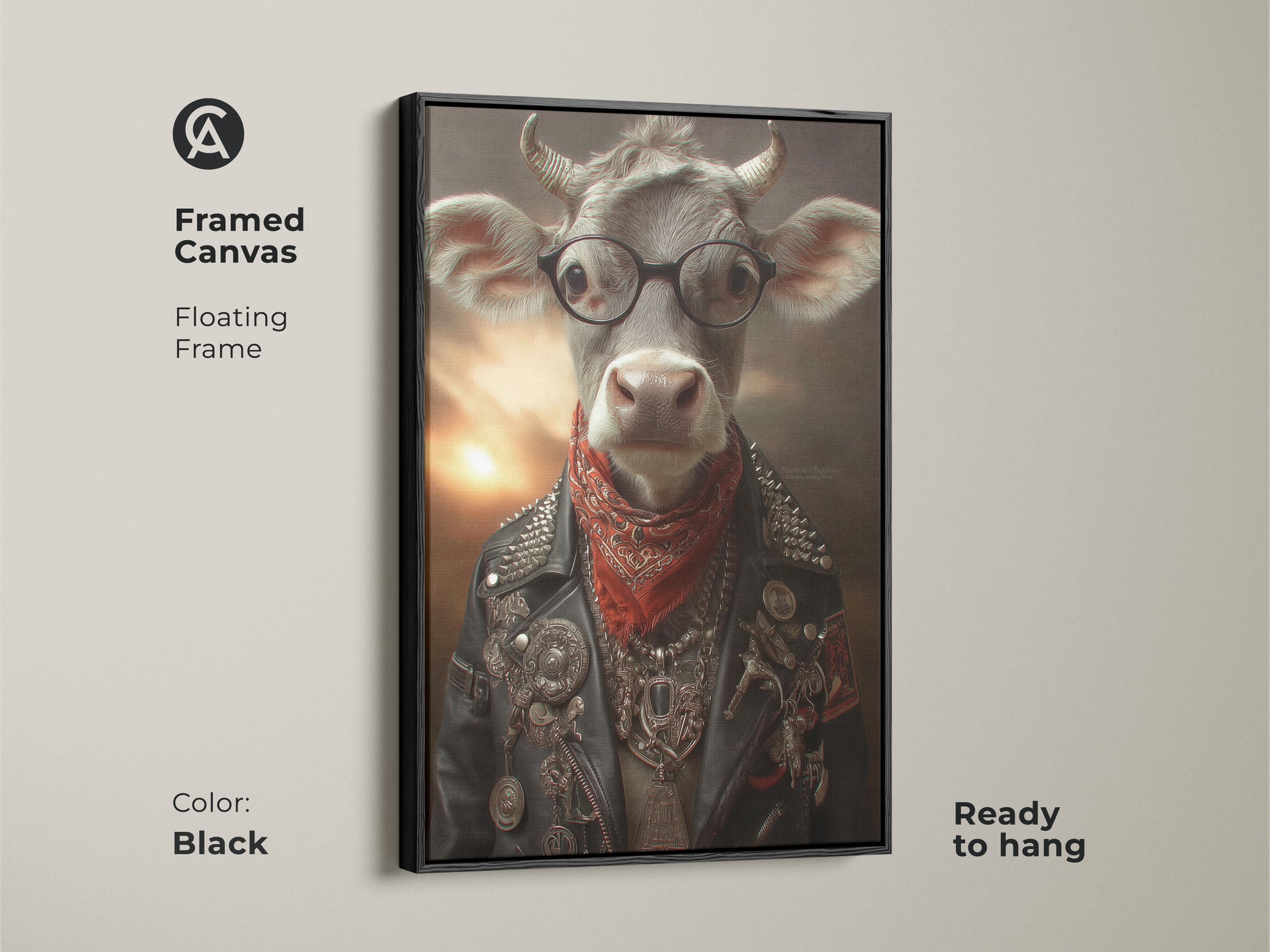 Black Framed Canvas Cow Artwork This framed canvas showcases a cow wearing glasses and a biker jacket. This unique wall decor gift ready to hang and adds personality to any space.