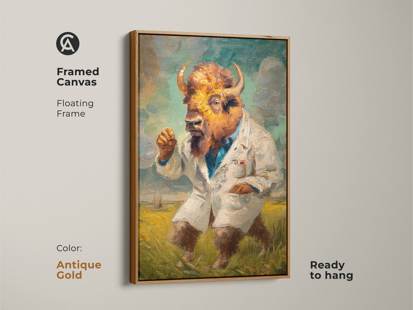 This is a framed canvas print of a buffalo-human hybrid. The artwork shows the figure in a lab coat. This framed canvas features a floating frame. The antique gold frame beautifully complements the buffalo-human art. Ready to hang.